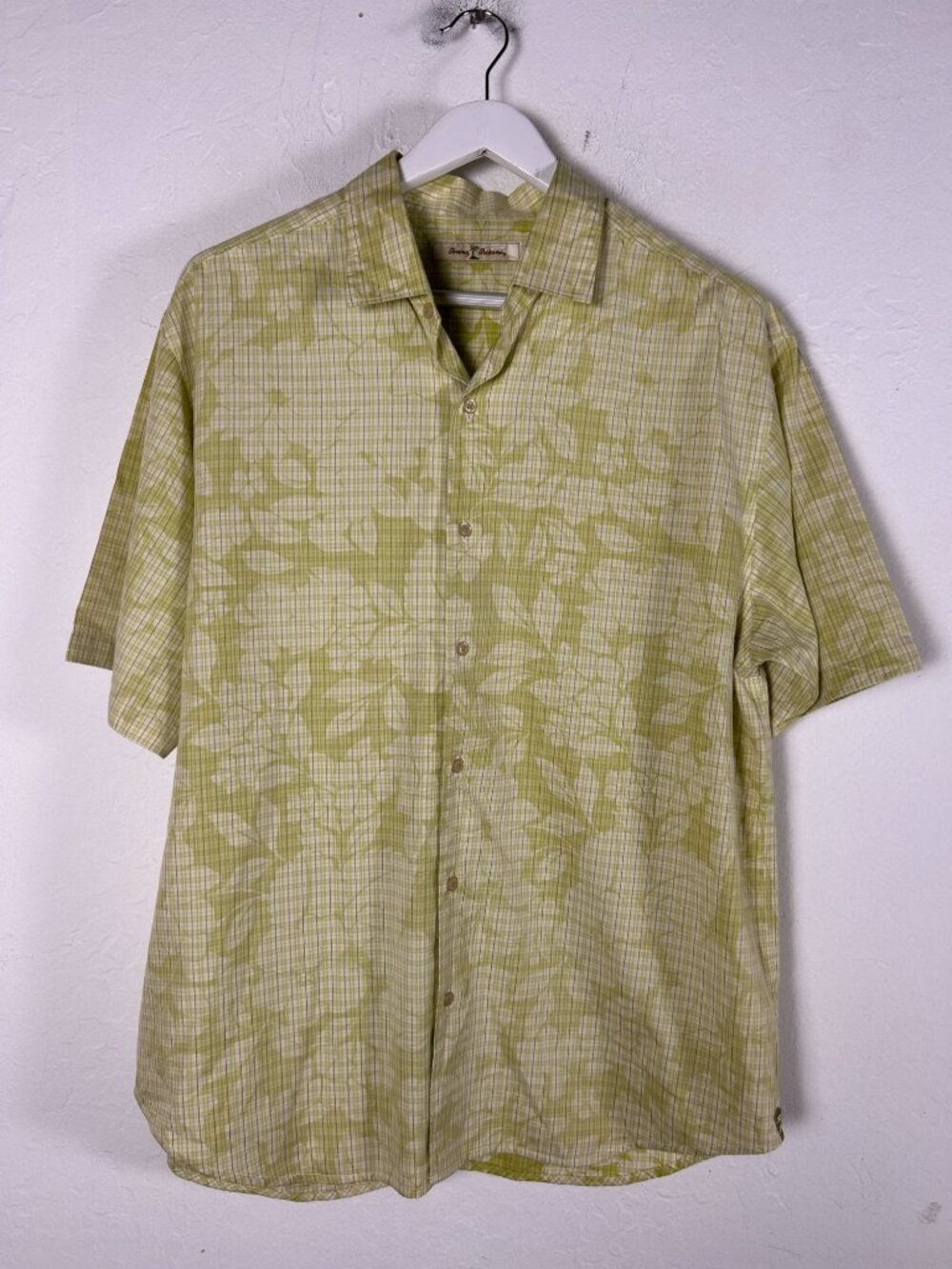 Tommy Bahama Mens Green Plaid Floral Short Sleeve Button-Up Shirt Large Cotton